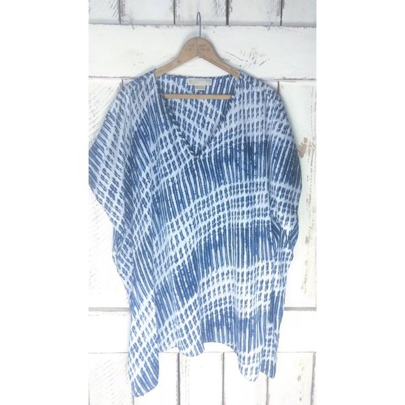 90s blue white tie dye striped boho kaftan cover up top - Picture 3 of 5